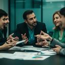 Financial compliance team reviewing regulatory notes around a conference table